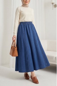 Yan Cepli Beli Lastikli Kot Etek -Koyu Mavi