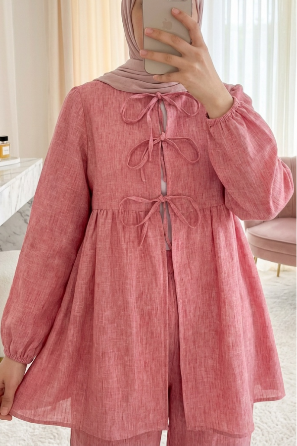 Bağlamalı Bol Paça İkili Takım -Pembe