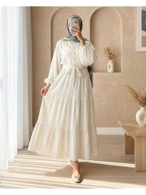 Beli Bağcıklı Yarasa Kol Düğmeli Bluz Etek Keten Takım -Bej