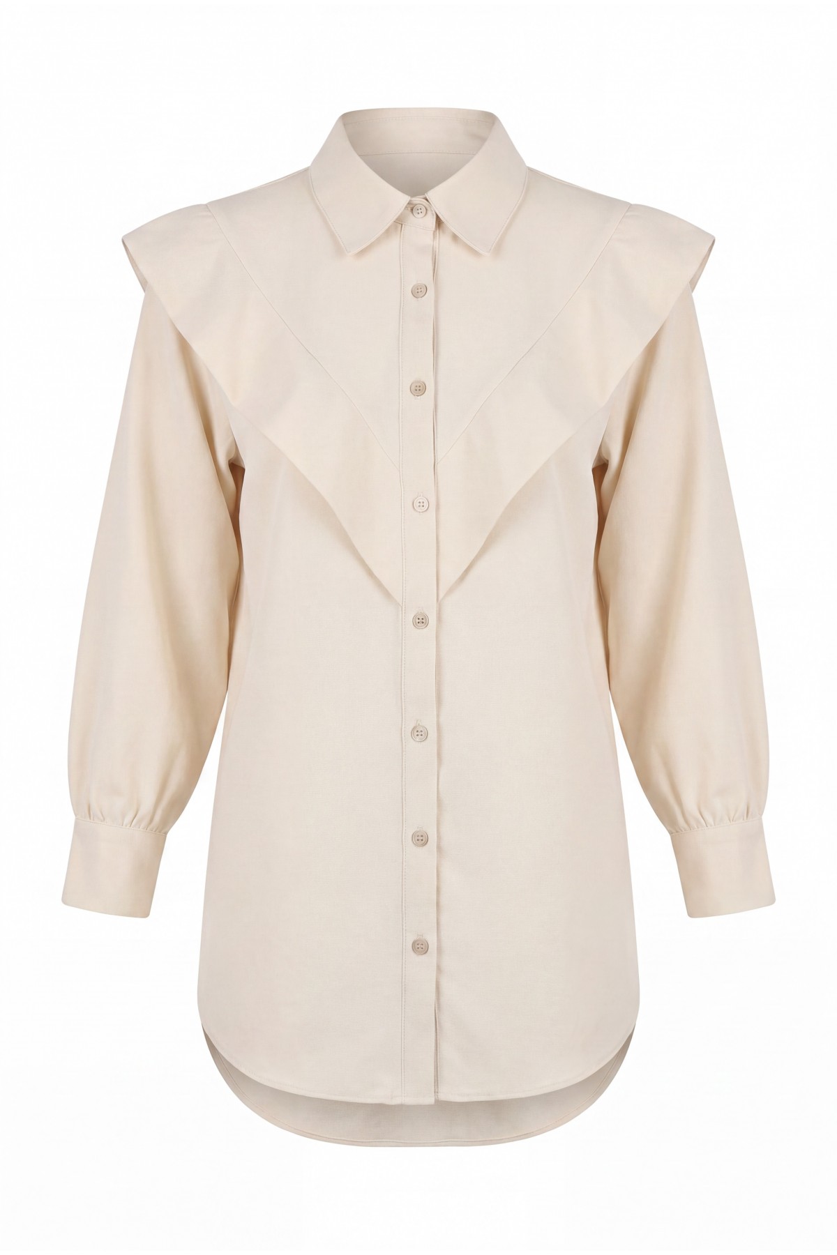 V-Detailed Long Back Buttoned Imported Crepe Tunic - Beige