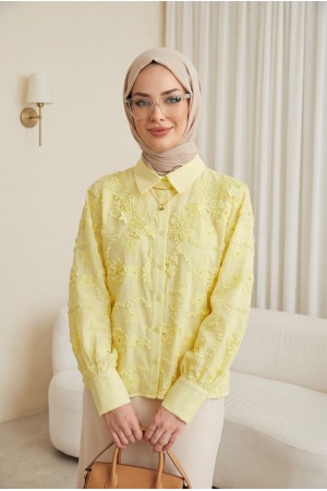 Çiçek Nakışlı Fistolu Düğmeli Mira Gömlek -Sarı