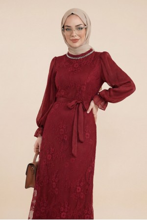 Dik Yaka Kolları Janjan Şifon Kemerli Dantel Elbise -Bordo