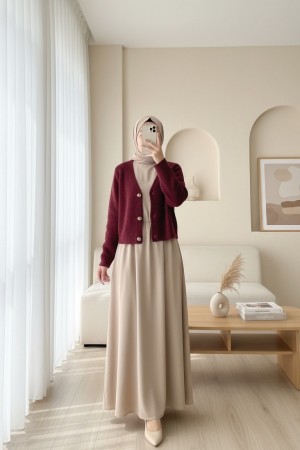 Önü Düğmeli Yumoş Triko Hırka -Bordo