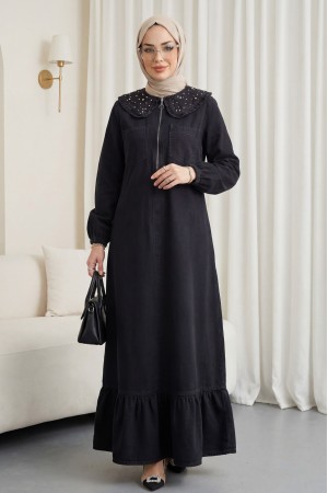 Bebe Yaka Yarım Fermuarlı İnci Detaylı Kemerli Kot Elbise  -Siyah
