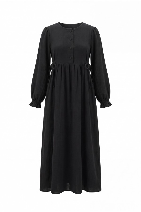 Half-Button Muslin Dress with Elasticated Sleeves and Tie Waist -Black