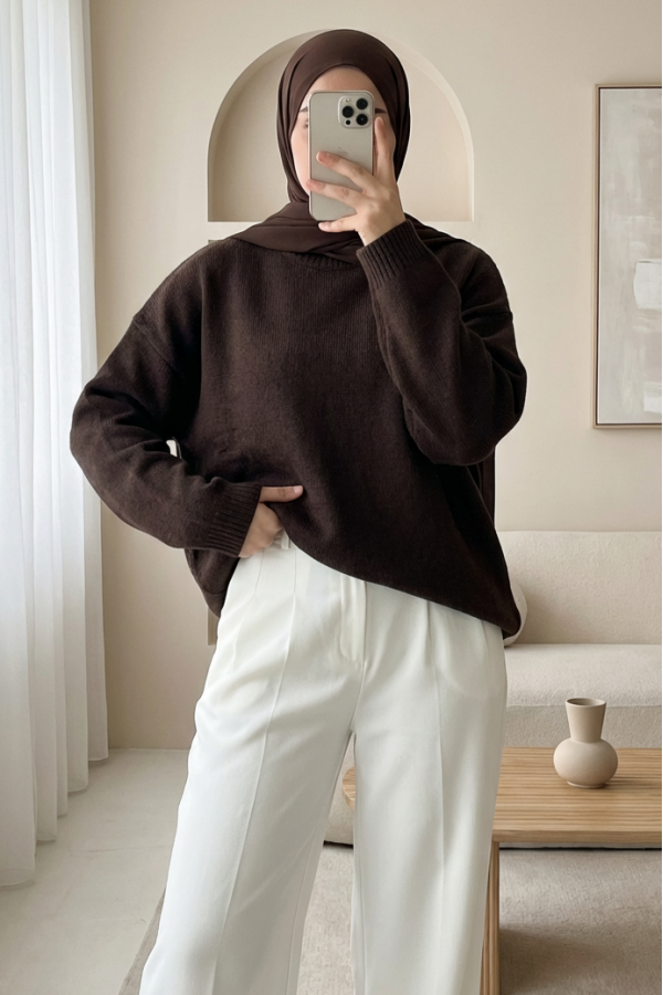 Round  Neck Loose Knit Sweater   -Dark Coffee