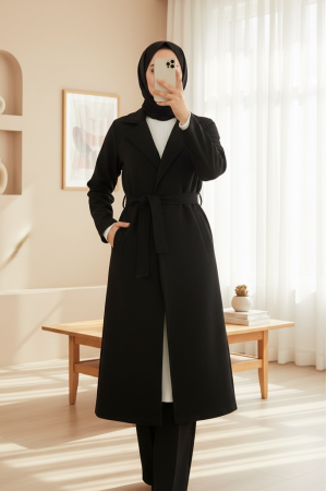 9118 Kruvaze Yaka Kaşe Kaban - Siyah