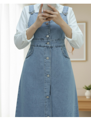 Eteği Püskül Detaylı Önü Düğmeli Cepli Kot Salopet -Buz Mavi