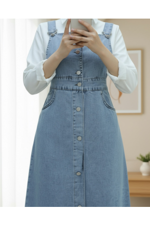 Eteği Püskül Detaylı Önü Düğmeli Cepli Kot Salopet -Buz Mavi
