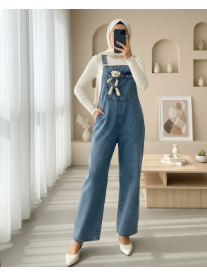 Ayıcık Detaylı Askılı Yanları Düğmeli Kot Tulum  -Buz Mavi