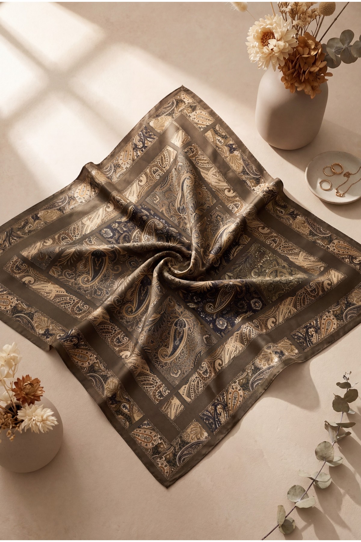 Geometric Framed Rayon Scarf -Brown