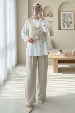 Önü Bağlamalı Yelek Pantolon Kadife Takım  -Bej