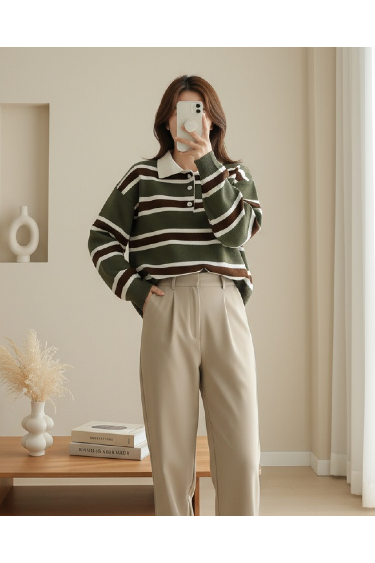 Polo Collar Buttoned Colorful Striped Knit Sweater -Khaki