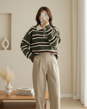 Polo Collar Buttoned Colorful Striped Knit Sweater -Khaki