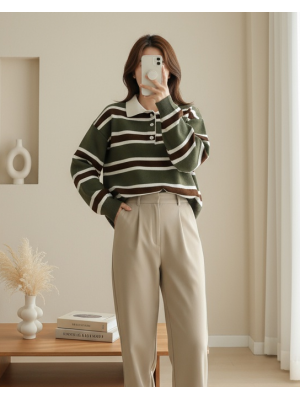 Polo Yaka Düğmeli Renkli Çizgili Triko Kazak -Haki