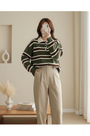 Polo Collar Buttoned Colorful Striped Knit Sweater -Khaki