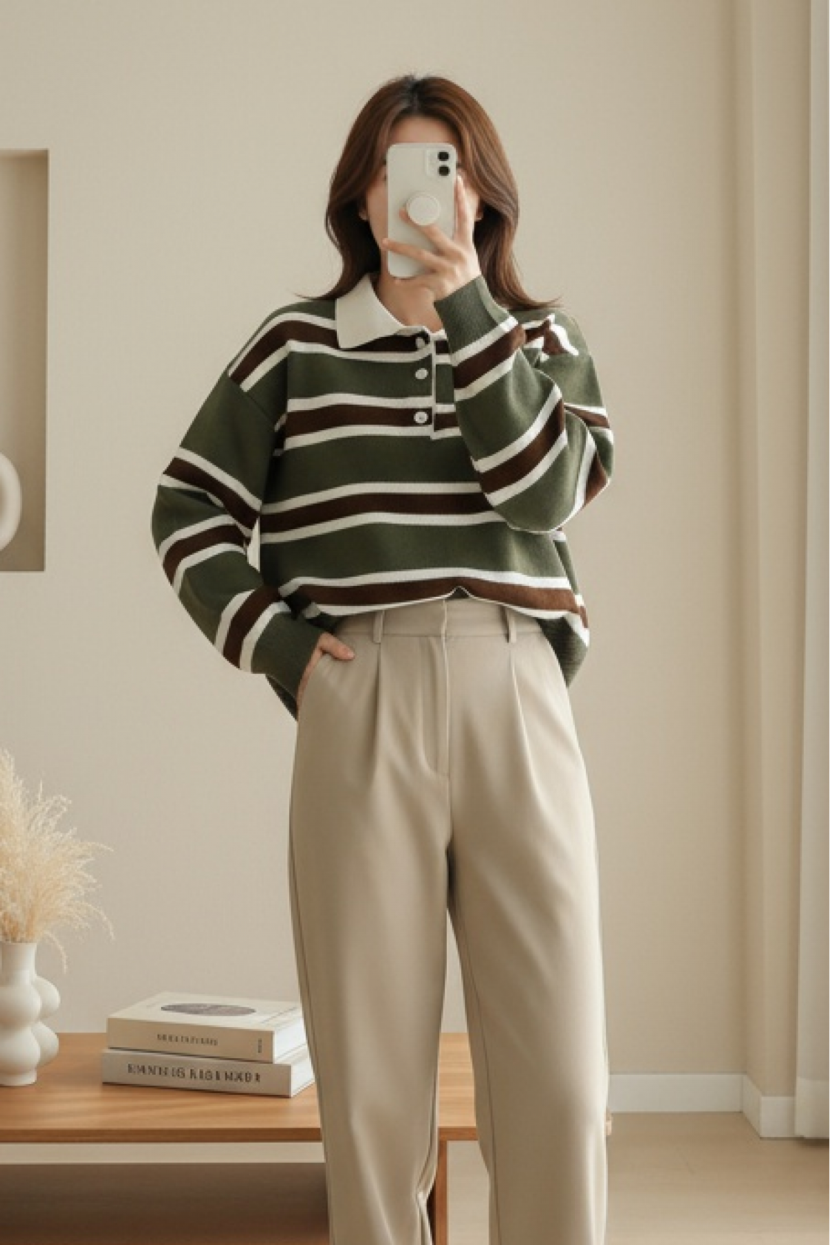 Polo Collar Buttoned Colorful Striped Knit Sweater -Khaki