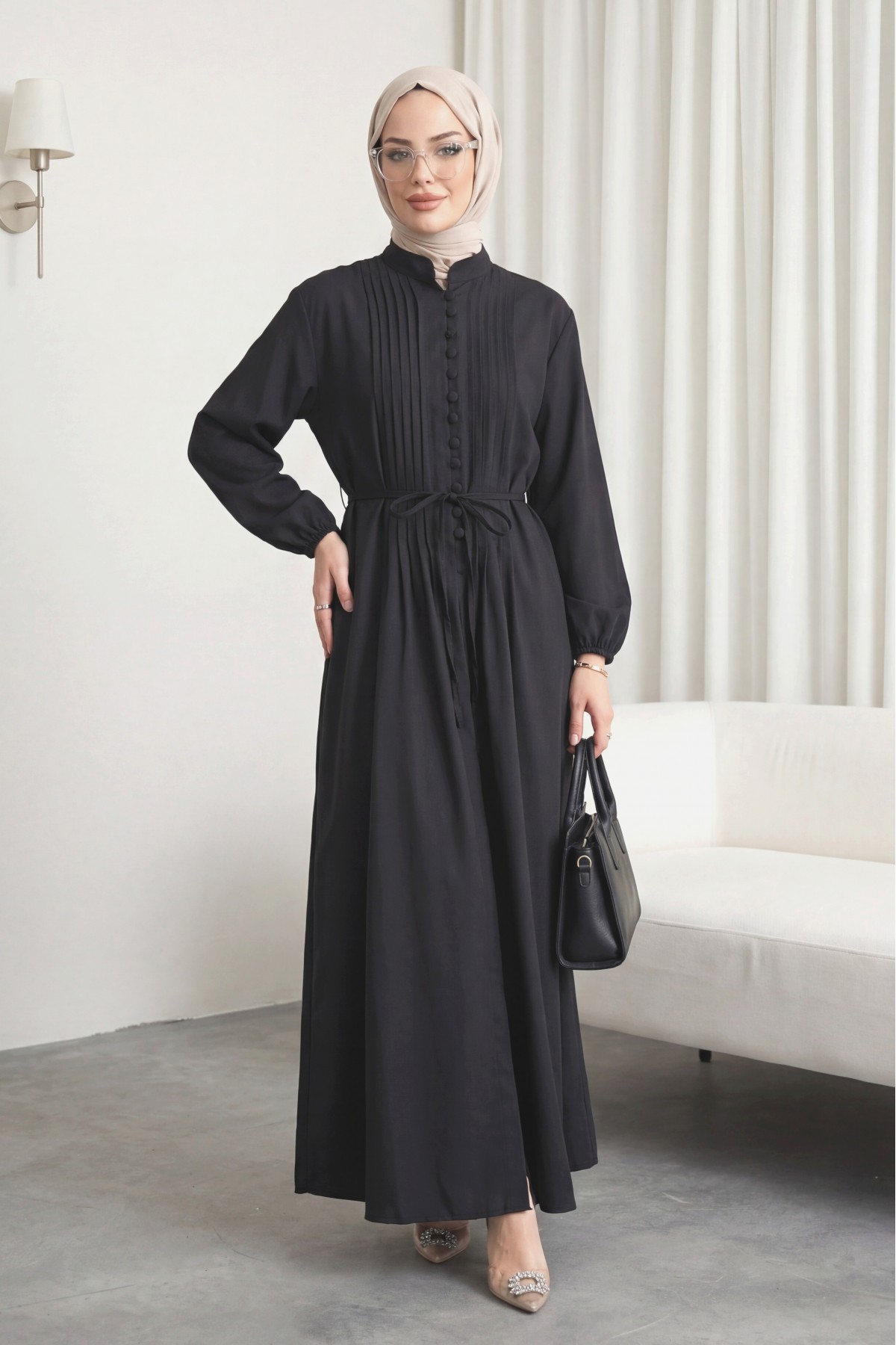 Front Ribbed Half-Button Poplin Dress -Black