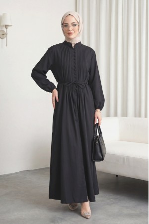 Önü Nervürlü Yarım Düğmeli Poplin Elbise -Siyah