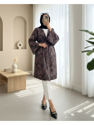 Ethnic Pattern Modal Kimono with Tied Waist -Brown
