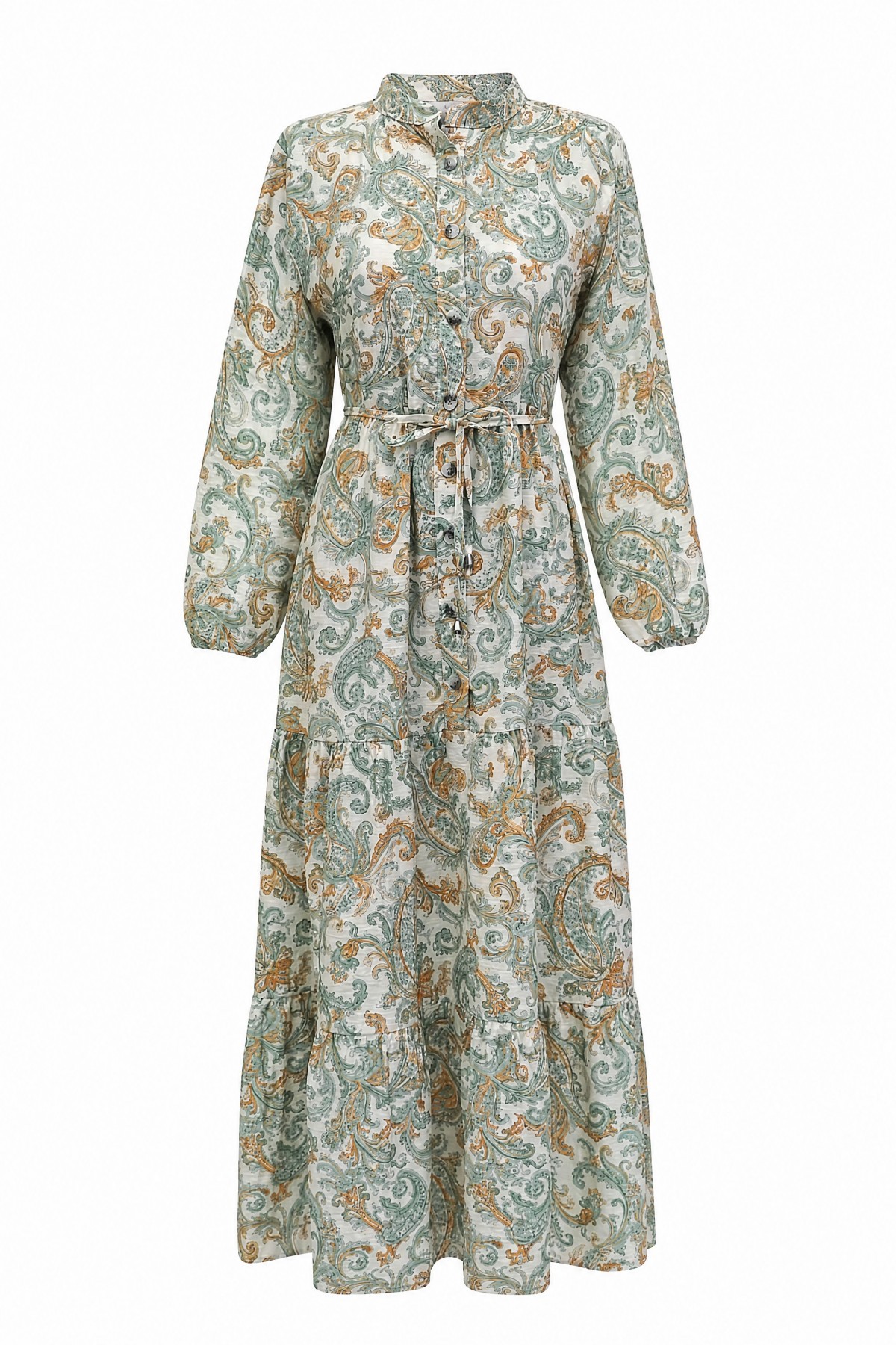 Mandarin Collar Half-Button Mixed Patterned Polycotton Dress with Elasticated Sleeves -Cagla Green