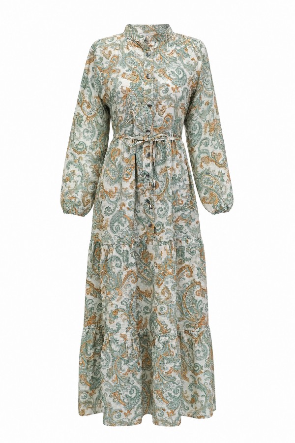 Mandarin Collar Half-Button Mixed Patterned Polycotton Dress with Elasticated Sleeves -Cagla Green