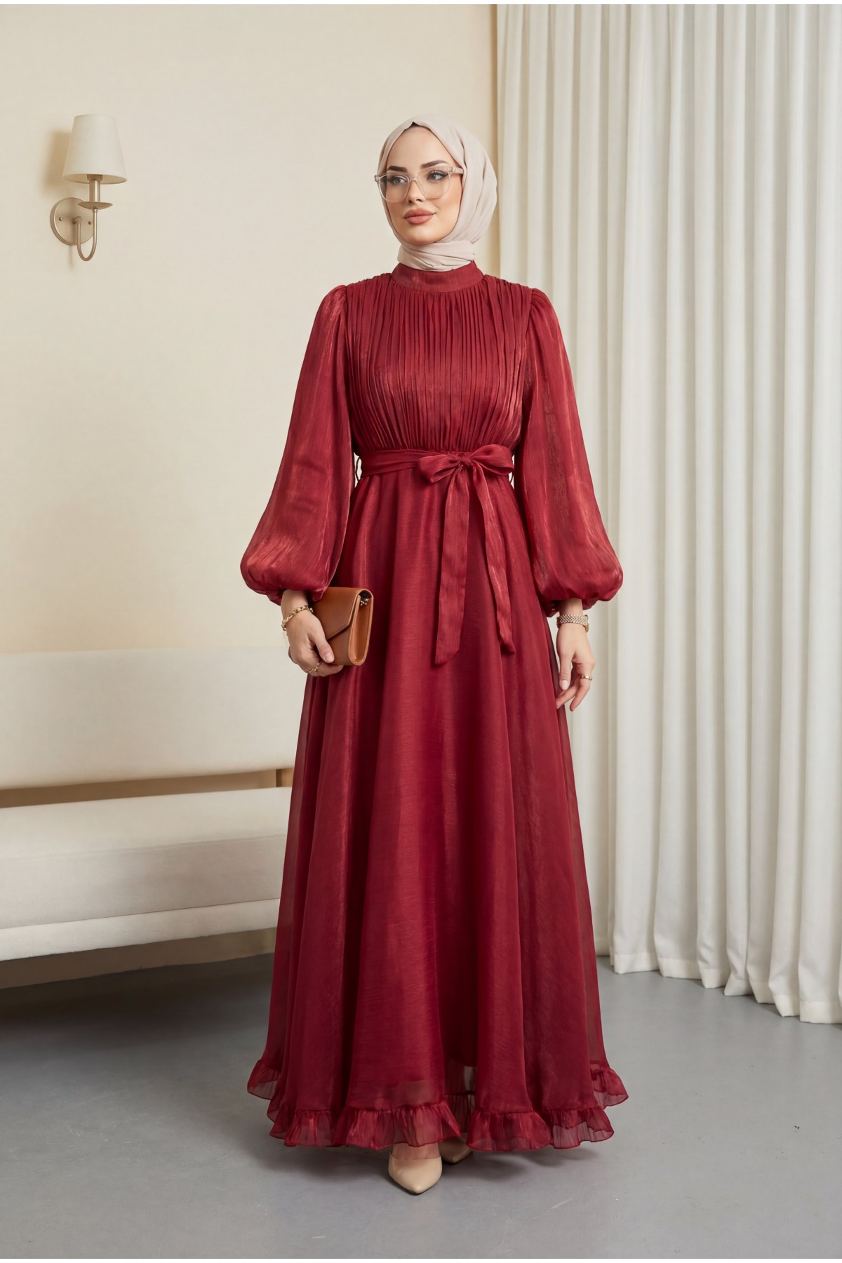 Shimmering Chiffon Dress with Ruffled Skirt and Belt -Maroon