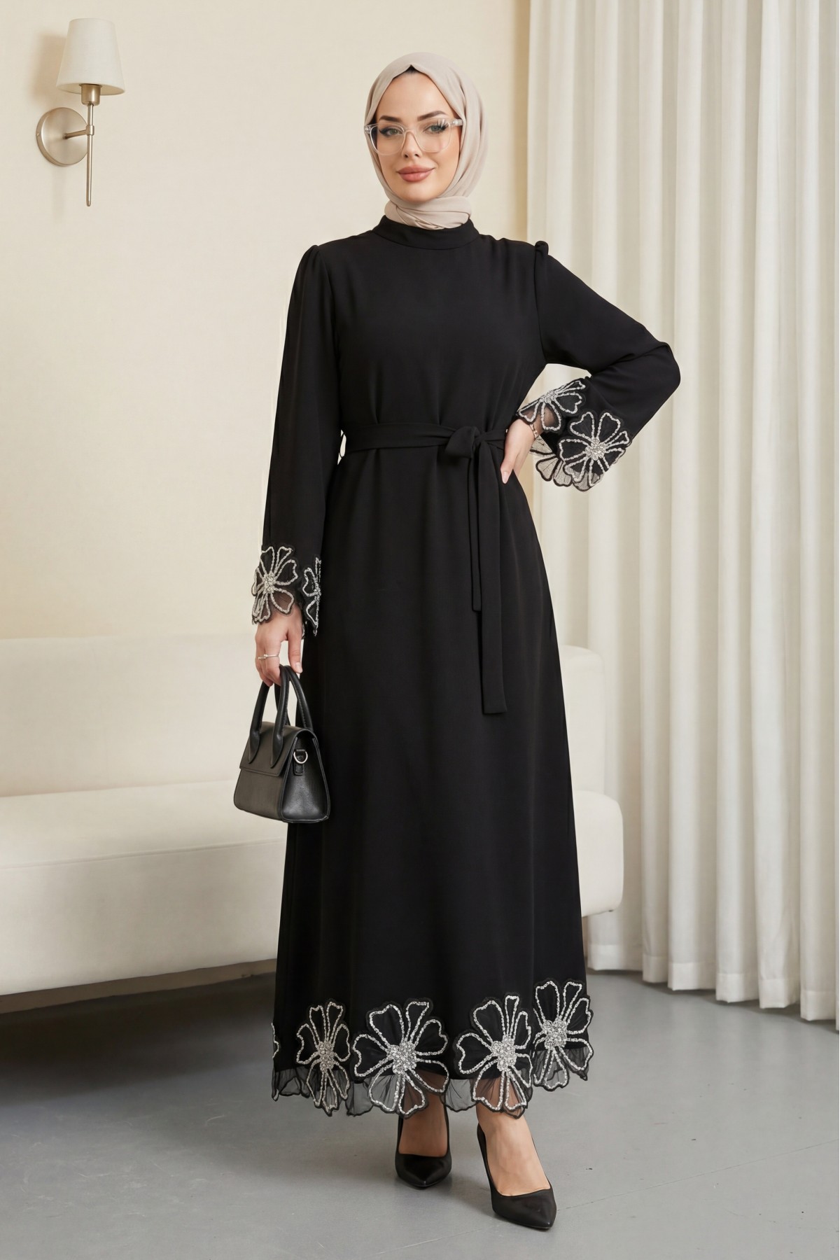 Lace-up crepe dress with floral stone details on sleeves and hem. -Black
