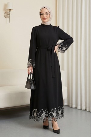 Kolları ve Eteği Çiçekli Taş Detaylı Bağcıklı Krep Elbise -Siyah