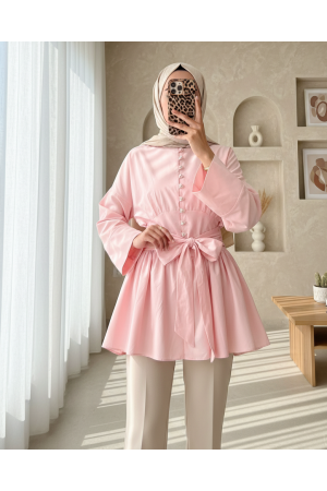 Beli Bağcıklı Boydan Taş Düğmeli Tunik -Pembe