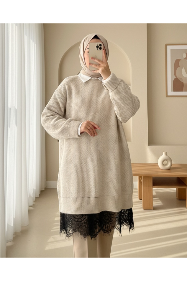 Knitted Sweater with Lace Detail on the Skirt -Cream color