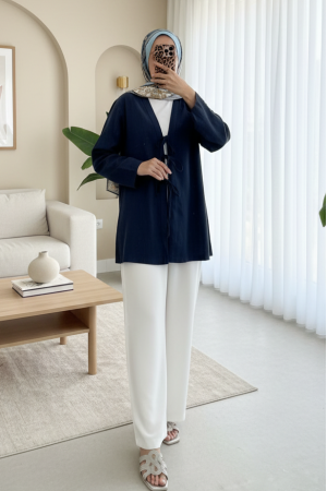 Önü Üç Bağcıklı Keten Kimono -Laci