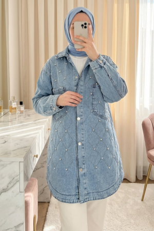 Çift Cepli Taşlı Önü Düğmeli Kot Ceket -İndigo