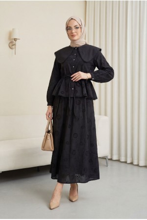 Bebe Yaka Beli Lastikli Bağcıklı Nakışlı Astarlı Keten Takım  -Siyah