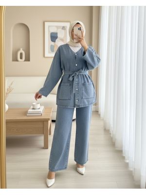Önü Düğmeli Çİft Cepli Kuşaklı Kot Takım  -Buz Mavi