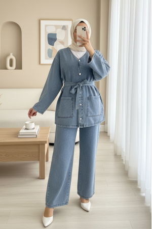 Önü Düğmeli Çİft Cepli Kuşaklı Kot Takım  -Buz Mavi