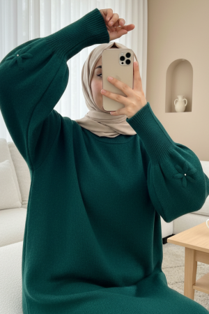 Round Neck Soft Knit Sweater with Flower Detail on the Sleeves  -Emerald