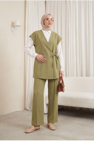 Düğme Detaylı Çift Bağcıklı Yelek Pantolon Double Krep Takım -Haki
