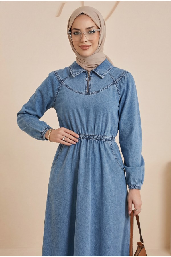 Denim dress with zipper closure, elasticated waist and cuffs, and pockets. -Ice Blue