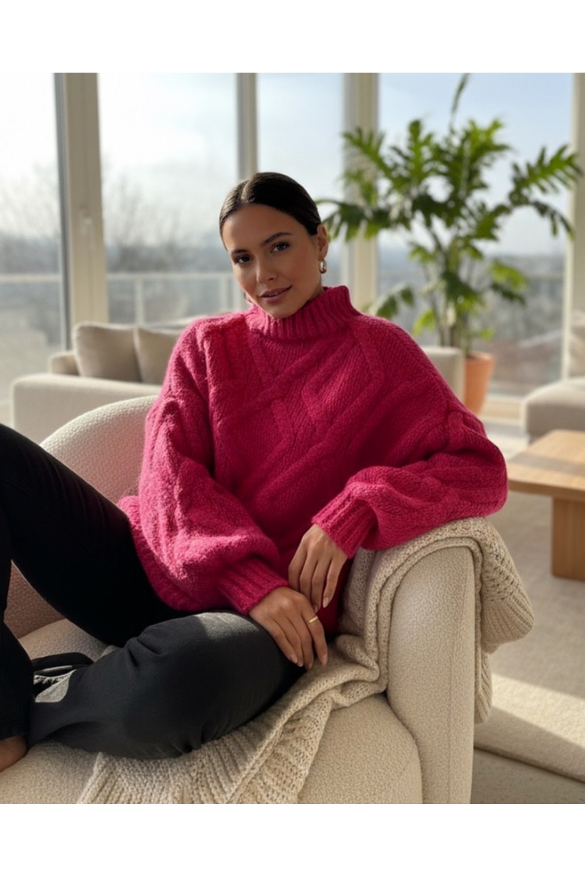 Half Neck Balloon Sleeve Winter Sweater -Fuchsia