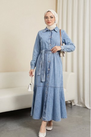 Boydan Düğmeli Eteği Fırfırlı Kot Elbise -Açık Mavi