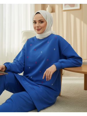 Yuvarlak Yaka Kalp Desenli Penye Tunik  -Mavi