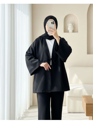 Önü Bağcıklı Poplin Kimono -Siyah