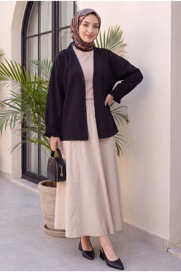 Kolları Püsküllü Beli Kemerli Keten Kimono  -Siyah