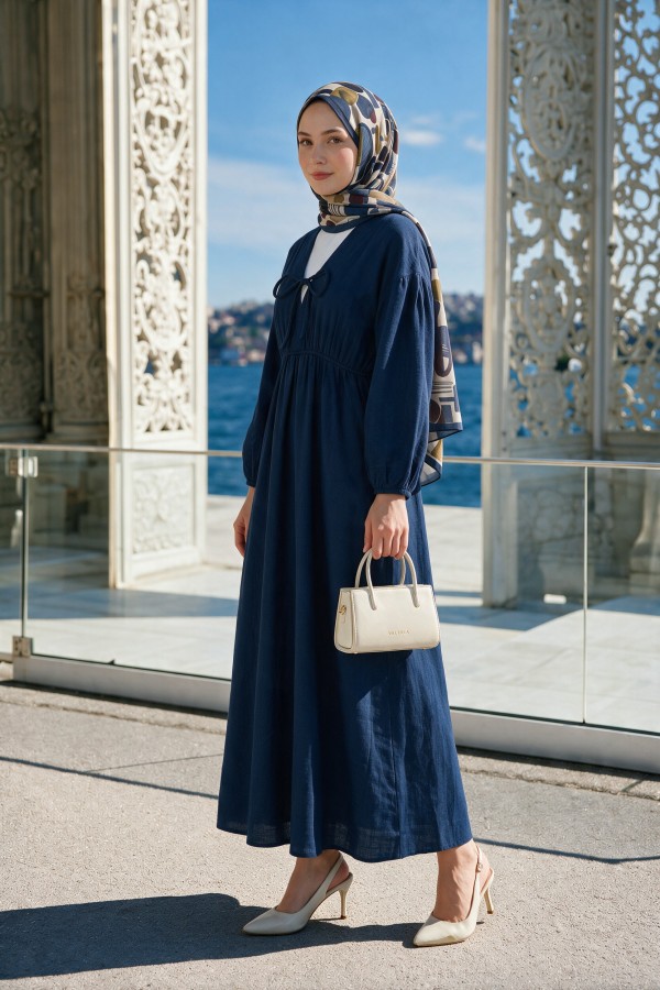 Muslin Dress with Elasticated Waist and Sleeves, Tied Collar    -Navy blue