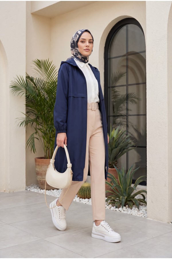 Long Zippered Hooded Raincoat -Navy blue