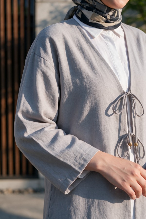 Kimono Set with Double Front Tie and Trousers    -Grey