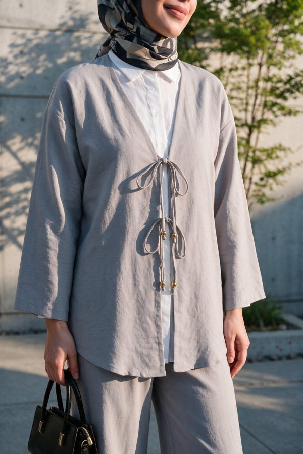 Kimono Set with Double Front Tie and Trousers    -Grey