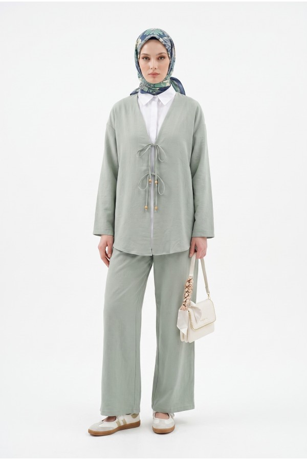 Kimono Set with Double Front Tie and Trousers  -Mint Color