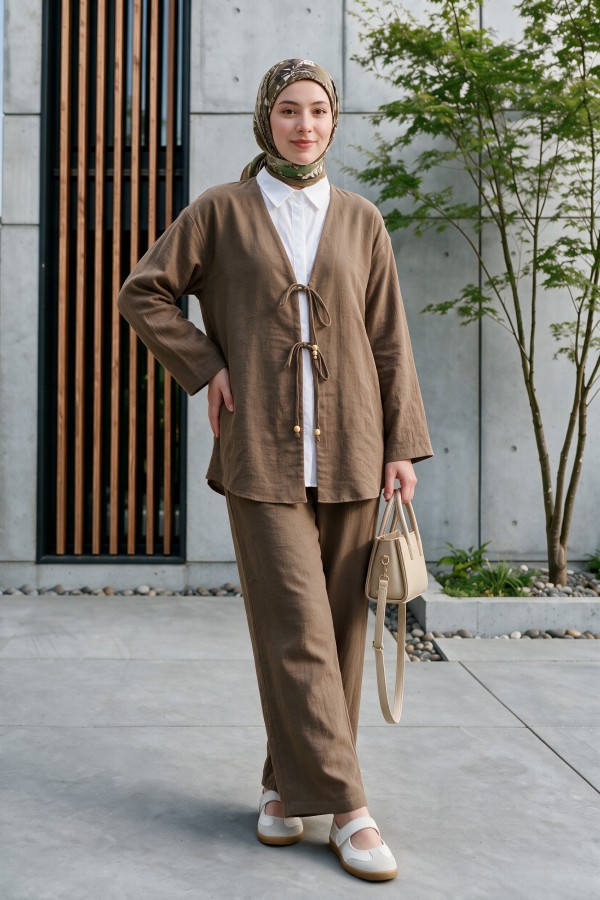 Kimono Set with Double Front Tie and Trousers      -Light coffee